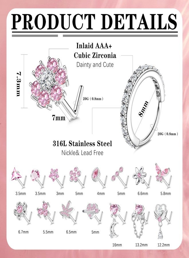 Drperfect حلقات أنف Drperfect على شكل حرف L، حلقات أنف مضادة للحساسية من الفولاذ المقاوم للصدأ - حلقات أنف متدلية على شكل فراشة وزهرة مرصعة بالزركونيا المكعبة، مجوهرات ثقب الأنف، هدية للنساء والرجال، مقاس 20 جرام، لون وردي - Image 2